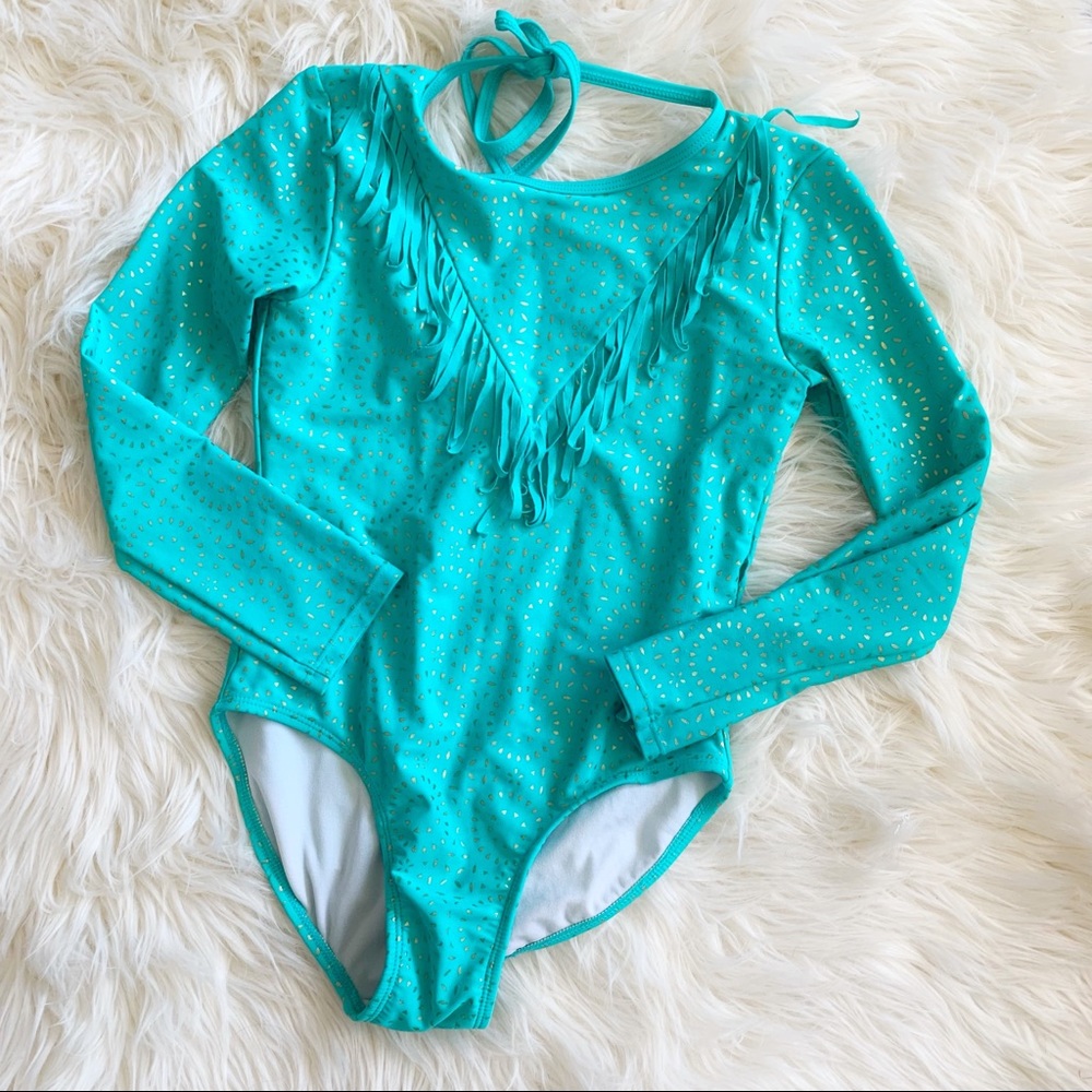 ❤️CLEOBELLA❤️Girls 7/8❤️TURQUOISE Design One-Piece Fringe Swim bathing suit